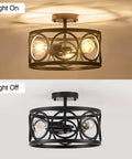 Three Light Semi Flush Mount Ceiling Fixture In Black Metal Farmhouse Chandelier light on and off showing modern drum design