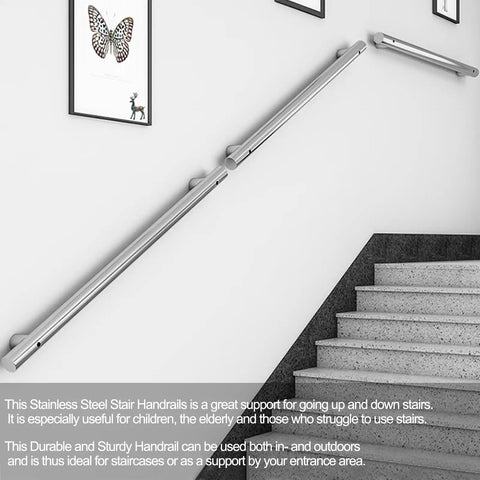 Rock Solid Wall Mounted Stair Railing In Rust Proof Stainless Steel For Indoor And Outdoor Safety Handrail with smooth silver finish.
