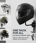 Heavy Duty Motorcycle Helmet Holder Wall Mount Rack With Dual Key Hooks mounted on wall displaying various helmets