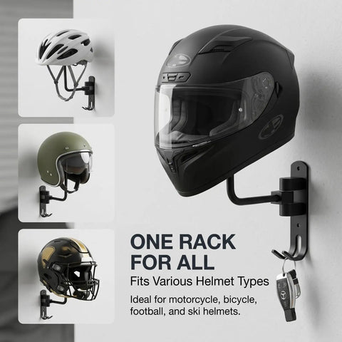 Heavy Duty Motorcycle Helmet Holder Wall Mount Rack With Dual Key Hooks mounted on wall displaying various helmets