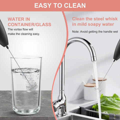 Powerful Milk Frother With Double Whisk Handheld Electric Foam Maker shown in cleaning process in glass and under faucet.