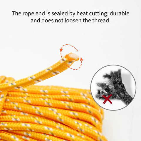 Hella Tough 6 mm Braided Floating Dock Rope With Bright Reflective Markings and Heavy Duty Swivel Hooks For Boat Anchoring Campouts and Lake Days Yellow Twenty Meter Line showing heat-sealed rope end.
