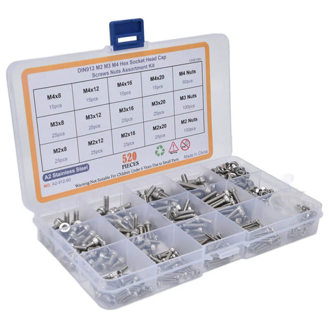 Hefty 304 Stainless Steel Hex Socket Cap Screw Nut Kit With Internal Hex Drive To Resist Stripping For Electronics And Precision Instruments, 520 pieces in storage box.