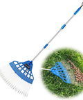 Blue Acorn Gatherer Pro Fast Lawn Cleanup Tool with loop steel tines, flexible spring head, and adjustable long handle shown on grass.