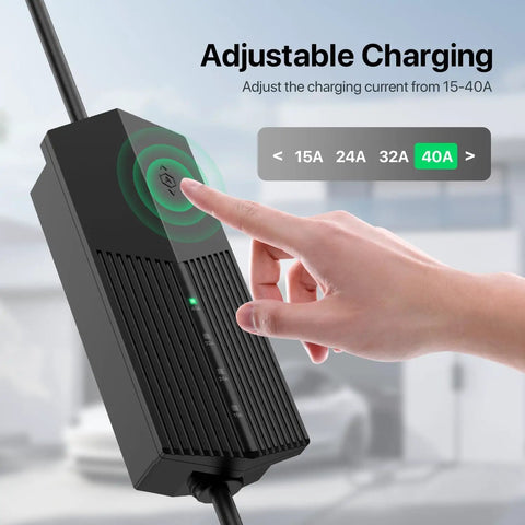 Nacs Ev Charger Mobile Connector Serving 40 Amp Level 2 Fast Electric Vehicle Charging showing adjustable settings for 15A to 40A.