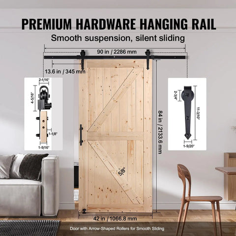 Badass 42X84 Inch Sliding Barn Door With Full 7Ft Hardware Kit And Glide Handle Solid Wood Core Panels shown with hardware dimensions.