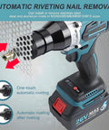 Pro Grade 26V Cordless Rivet Nut Gun With Badass 5200 Mah Battery And Easy Grab Metric Head Set M3 M4 M5 M6 M8 M10 M12 showing automatic rivet installation.