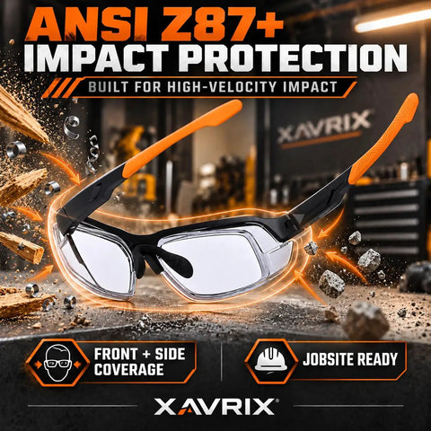 Kickass Real Deal Bifocal Photochromic Reader Safety Glasses With Side Shields Antifog UV400 Blue Light Blocking Plus 2.5 Magnification on a workbench.