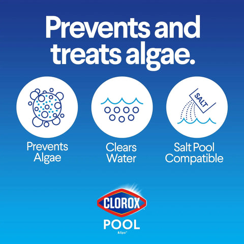 Swimming Pool Algaecide Clarifier Heavy Duty Solution Crushes Stubborn Algae For Good While Sweeping Out Gunk To Keep Your Water Crisp Clear As Glass In A 128 Oz Container, features icons for algae prevention, water clarity, and salt compatibility.