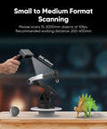 Badass Handheld 3D Scanner Delivers Tight Accuracy With Sharp Blue Light Tech For Quick Medium Scans and a stegosaurus model.