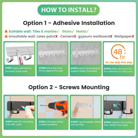 Instruction guide for Heavy Duty Wall Mounted Coat Rack Set 3 Pack With Six Sturdy Hooks Adhesive or Screws Installation