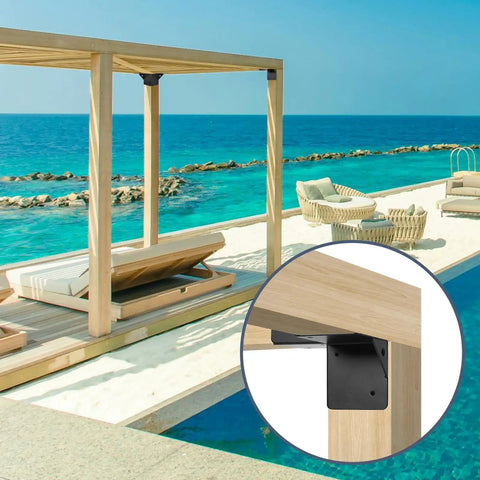 3-Way Right Angle Pergola Corner Bracket Kit, 4x4 Inch, 4 Pack With Screws installed on wooden pergola by poolside