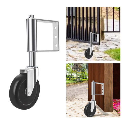 Heavy Duty Spring Loaded Gate Caster Wheel 4 Inch Silver Roller mounted on a gate bracket for smooth operation on various surfaces.
