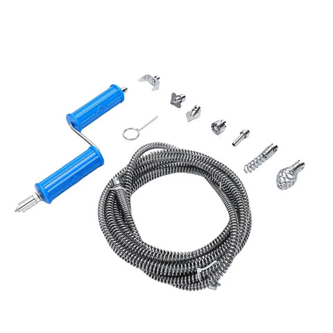 Heavy Duty Drain Snake With Drill Attachment, Flexible Alloy Steel Pipe Auger parts, including steel cable and attachments.