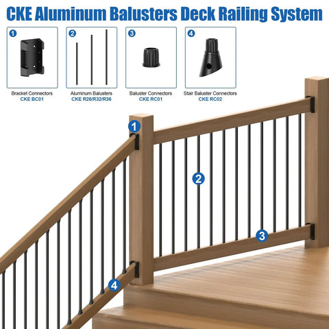 CKE Aluminum Balusters Deck Railing System with wood posts, black aluminum balusters, and bracket connectors for stairs.