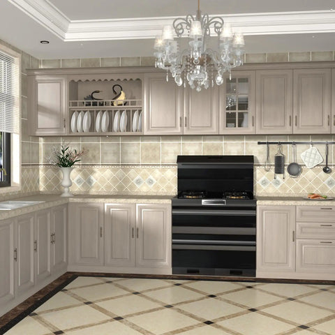 Modern kitchen featuring beige cabinetry, black stove, and crystal chandelier, enhancing the 20 Pack Vintage Antique Brass Cabinet Pulls And Drawer Handles Plus Rock Solid Zinc Alloy Furniture Hardware With Spot On 3 Inch Hole Centers For No Fuss Room Refreshes.