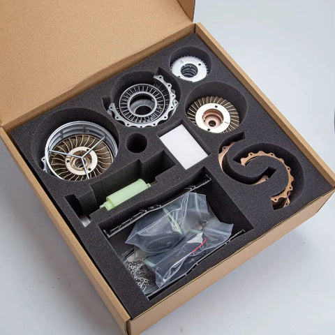 Box of parts for Fighter Turbofan Engine Model Kit That Actually Runs On Its Own Electric Motor 1/20 WS-15 Aircraft Engine
