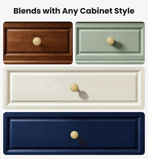 Rock Solid Brushed Gold Cabinet Knobs for Kitchen Drawers and Furniture, 1-1/4 Inch Round on various cabinet styles.