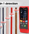 Tough As Nails Multi Function Wall Scanner And Stud Finder With Live Wire Voltage Detection And Metal Wood Sensors showing detection limits for various materials.