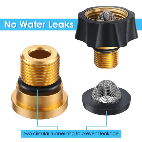 Garden Hose To Pressure Washer Adapter Three Quarter Inch Female To Three Eighth Inch Male Water Inlet Fitting For Pressure Washers Works With Simpson Cleaning Pumps And More Durable Brass Easy Snap Fit Universal Compatibility, showing brass fitting with rubber rings and mesh filter, labeled 'No Water Leaks'.