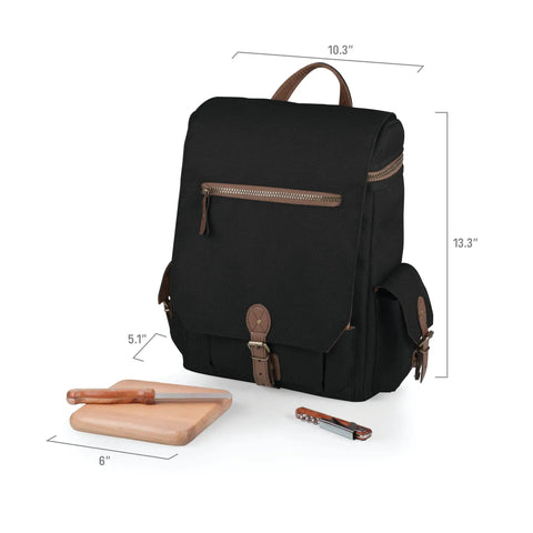 Premium Three Bottle Insulated Wine Carrier Featuring Engraved Cheese Board Precision Knife And Reliable Corkscrew Built For Quick Getaways Or Chilled Backyard Kickbacks In Sophisticated Matte Black with measurements.