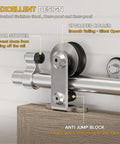 Top Mount Sliding Barn Door Hardware Kit Built Tough With Heavy Duty Stainless Steel Track showing upgraded roller and door stopper.