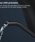 Close-up of water pouring from spout of Gooseneck Pour Over Coffee Kettle With Precise Temperature Control Quick Heat Up Brew Timer And Scheduling Stainless Steel Point Nine Liter Matte Black For Barista Level Flavor Every Morning.