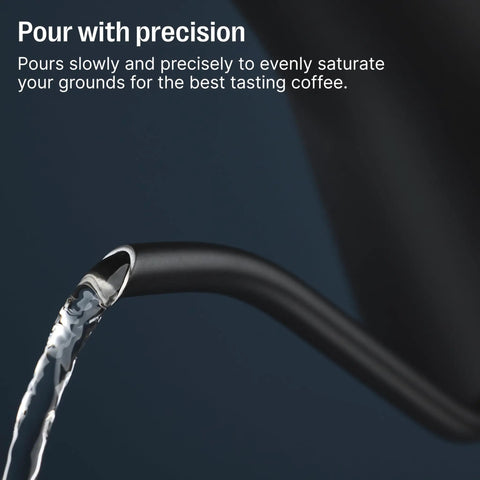 Close-up of water pouring from spout of Gooseneck Pour Over Coffee Kettle With Precise Temperature Control Quick Heat Up Brew Timer And Scheduling Stainless Steel Point Nine Liter Matte Black For Barista Level Flavor Every Morning.