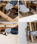 Heavy Duty Corded Oscillating Multi Tool With Universal Fit Base And 200W 1.6A Motor cutting wood and scraping drywall.