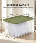 120 Qt Big Boy Storage Bin, Clear Plastic Tote With Green Lid, showing storage of blankets inside, dimensions 34"L x 20"W x 15"H.