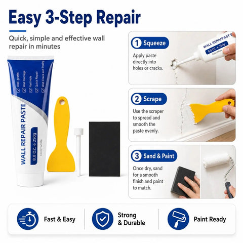 Hassle Free White Wall Repair Paste Kit With Built In Scraper for quick hole and crack patching easy 3-step repair process.