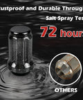 Built Tough M12x1.5 Spline Lug Nuts featuring a durable black finish, displayed with rustproof performance against salt spray.