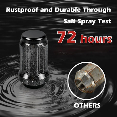 Built Tough M12x1.5 Spline Lug Nuts featuring a durable black finish, displayed with rustproof performance against salt spray.