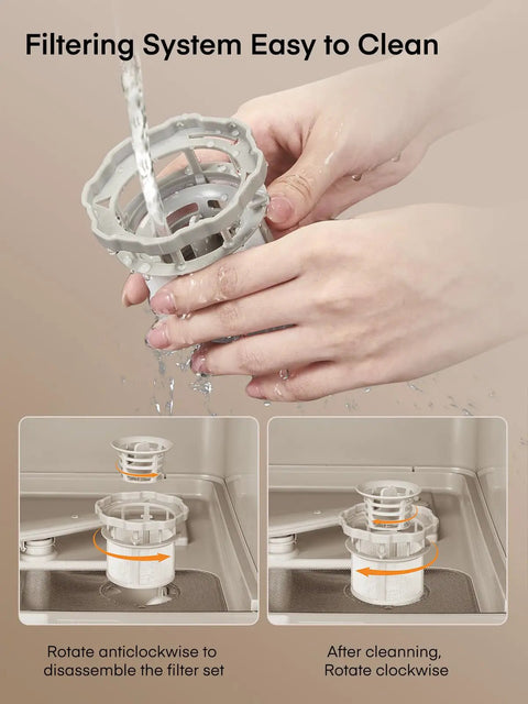 Easy Setup Countertop Dishwasher With Smart Delay Timer And Zero Plumbing Hookups Required cleaning its filtering system under running water.