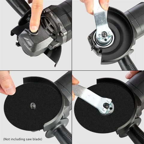 Brushless Cordless Angle Grinder, 21V 3000mAh Battery, 100mm Disc, 3-Speed Modes showing detachable guard and disc replacement.