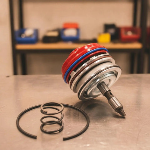 Heavy Duty Transmission Servo Cover Actuator Assembly with red cover, black rubber seals, and springs on a metallic surface.