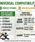 Universal compatibility chart for Premium Quality Heavy Duty Front Axle Steering Spindles Pair For John Deere L Series Lawn Tractors.