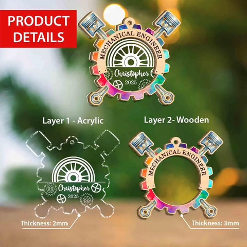 Product details of Personalized Mechanical Engineer Ornament With Name And Year, Wooden And Acrylic Two Layer Christmas Keepsake