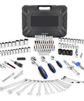 Heavy Duty Mechanic Tool Set Featuring A Complete 151 Piece Socket Wrench Kit With 1/2 1/4 And 3/8 Drives displayed with various tools and storage case.