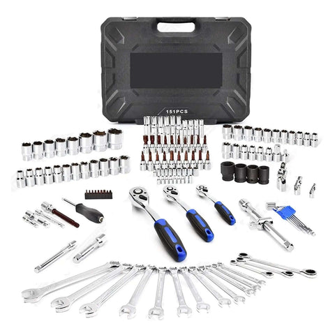 Heavy Duty Mechanic Tool Set Featuring A Complete 151 Piece Socket Wrench Kit With 1/2 1/4 And 3/8 Drives displayed with various tools and storage case.