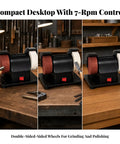 Knock It Out Of The Park With This Low Vibration Mini Bench Grinder Featuring Dual Wheel Electric Polisher And Anti Slip Rubber Base For Weekend Warriors Chasing Smooth Metal Finishing Results, showing a compact desktop grinder with double-sided wheels.