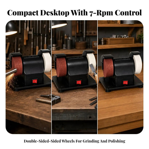 Solid As A Rock Desktop Bench Grinder With Grippy Base For Grinding Sharpening Polishing And Daily Shop Work, showing 7-RPM control and double-sided wheels.