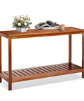 Solid Wood Outdoor Console Table With Two Tier Design For Patio Porch And Entryway Natural PU Lacquer Finish Weather Resistant