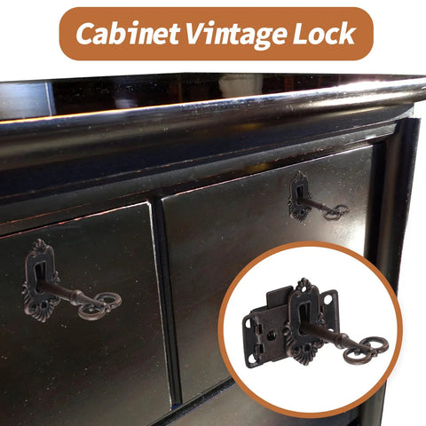 Top Shelf Vintage Red Bronze Skeleton Key Cabinet Lock Set With Dead Solid Iron Build And Matching Keys For Heavy Duty Furniture Restoration And Craft Projects on a cabinet.