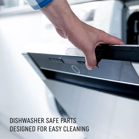 Person opening dishwasher with dishwasher safe parts designed for easy cleaning