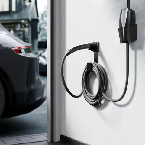 Keeping Your Tesla Setup Slick Demands A Solid Mount This Heavy Duty Stainless Steel Wall Charger Holder features a wall-mounted ev charger with coiled cable.