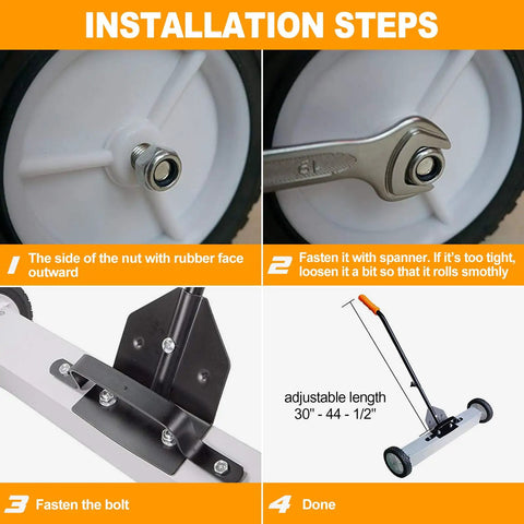 Installation steps for 18 Inch Magnetic Sweeper With 26 Lbs Pull Rolling Wheels And Telescoping Extension Handle showing assembly process