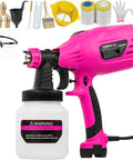 Powerful HVLP Paint Sprayer With Five Copper Nozzles And Three Spray Patterns, accessories included, pink and black design.
