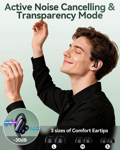Person wearing active noise cancelling wireless earbuds with earhooks; shows 3 eartip sizes and noise reduction feature.