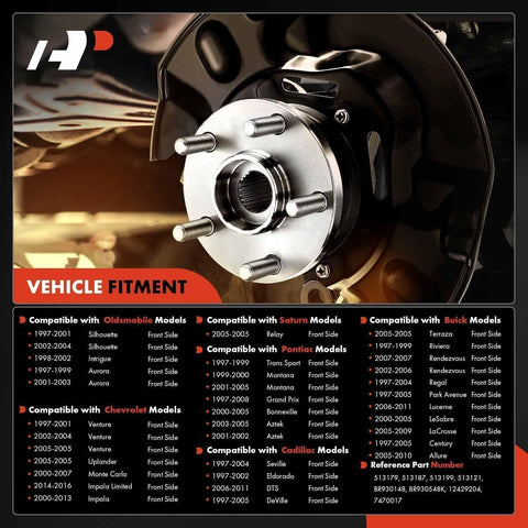 Single Front Wheel Hub Bearing Assembly with Speed Sensor, compatible with various GM models; product fitment chart displayed